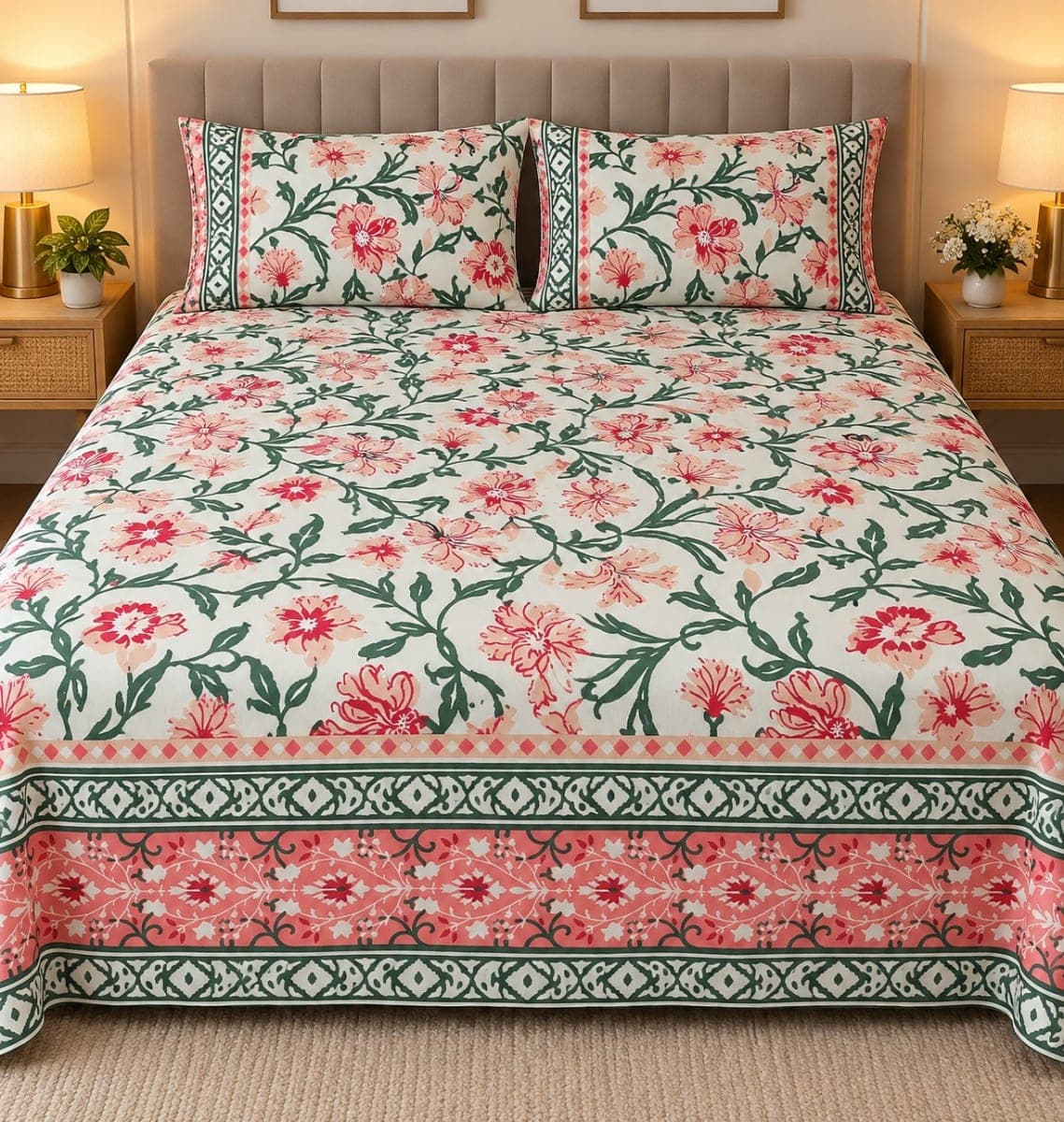 Jaipuri Floral Print Pure Cotton Double Bedsheet Cream Pink Green
