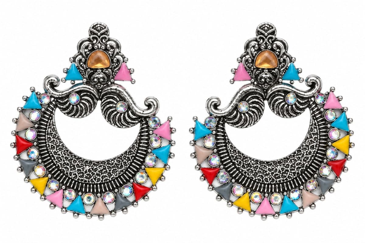 Multicolour Oxidised Silver Chandbali Earrings for Women