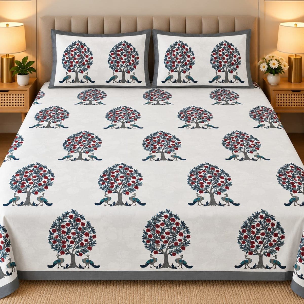 Cream Jaipuri Tree Peacock Print Pure Cotton Double Bedsheet