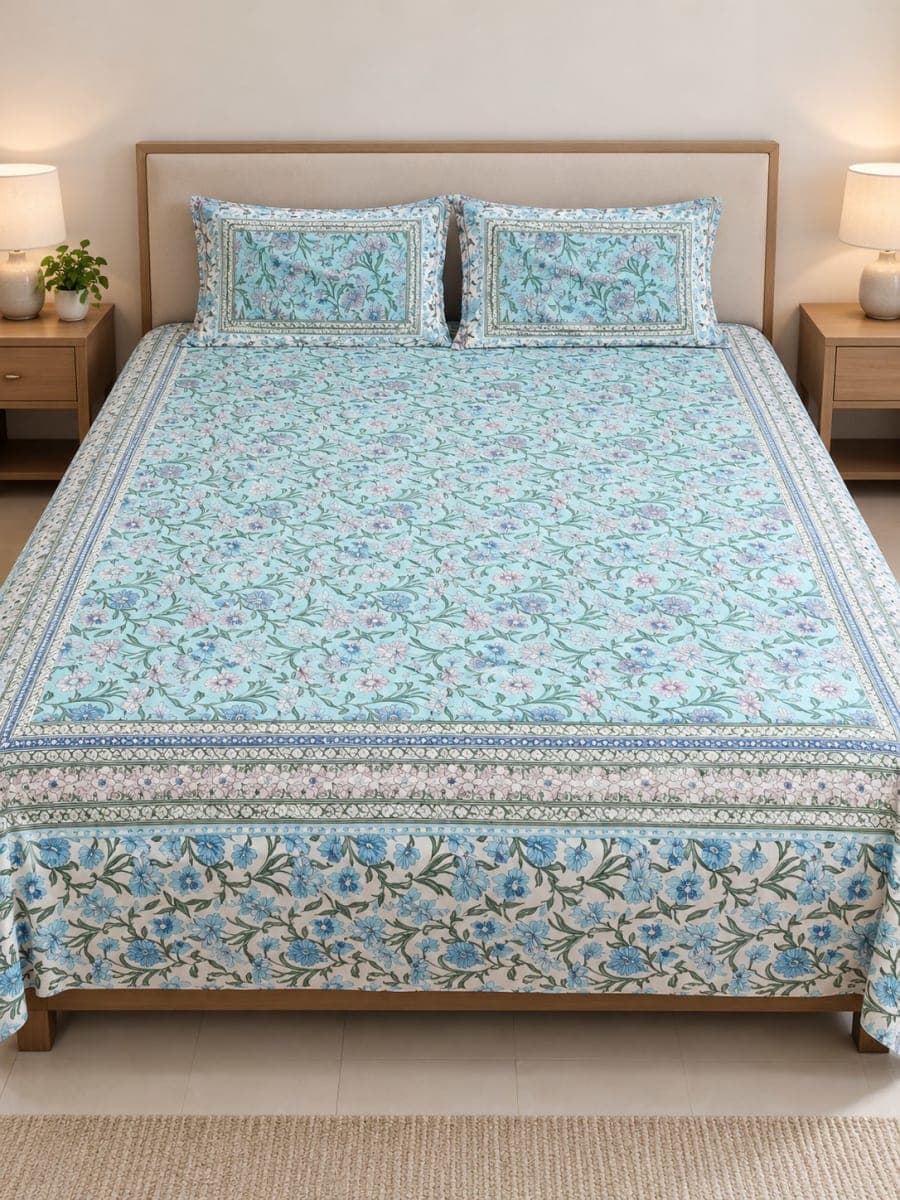Light blue Jaipuri Floral Print Pure Cotton Double Bedsheet with Pillow Covers