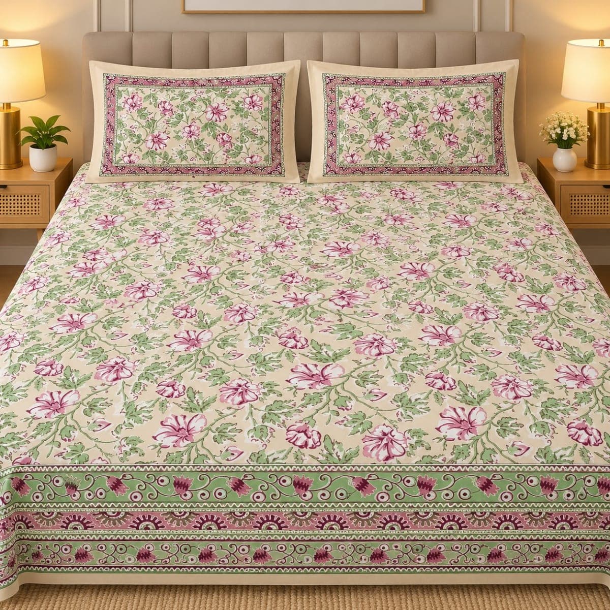 Cotton Floral Printed Double Bedsheet with 2 Pillow Covers