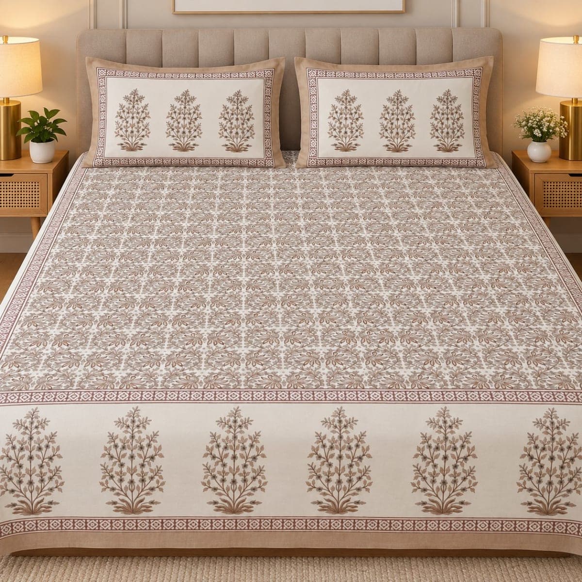 Jaipuri Floral Print Pure Cotton Double Bedsheet with 2 Pillow Covers