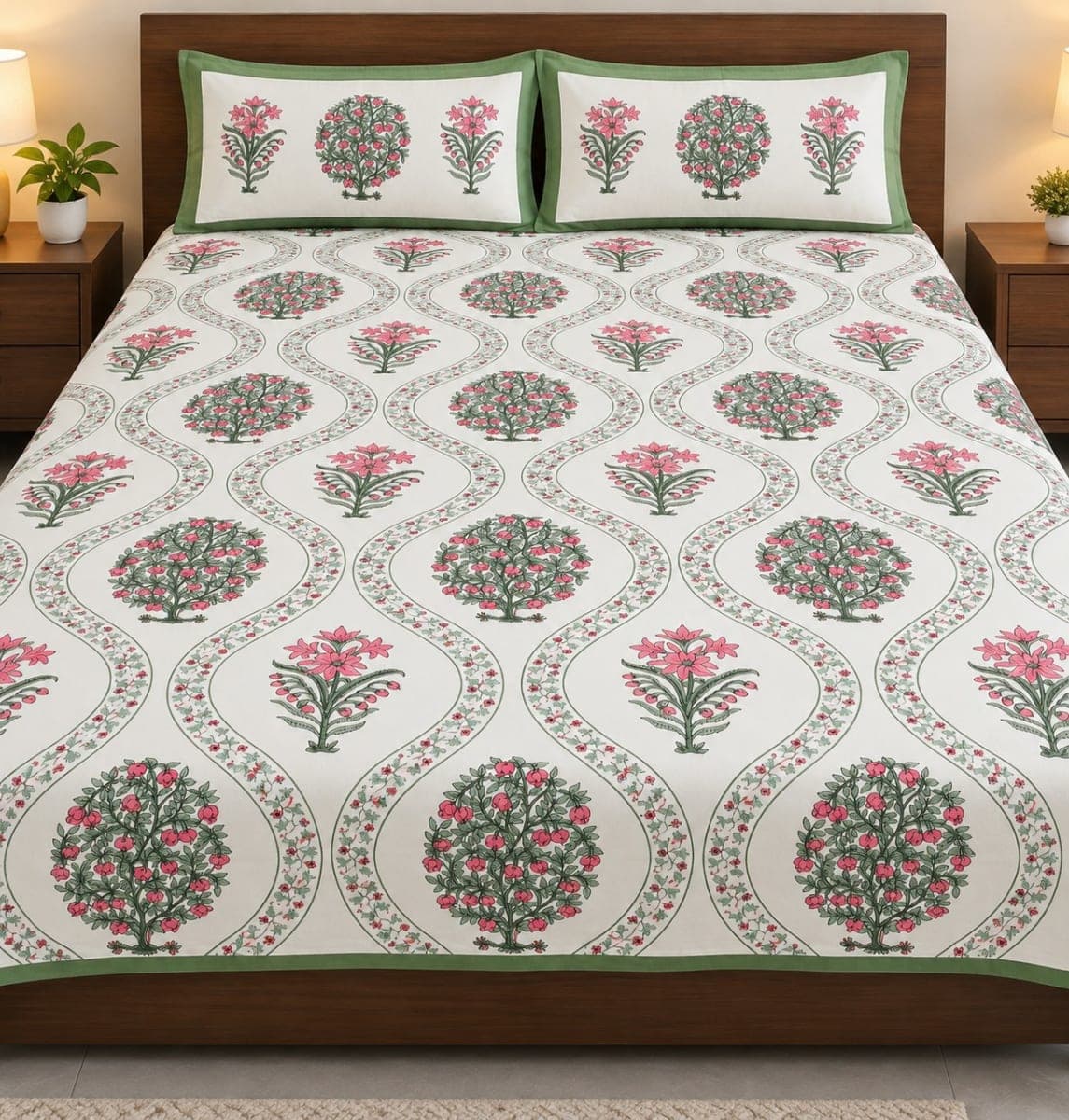 Jaipuri Floral Print Pure Cotton Flat Bedsheet with Pillow Covers