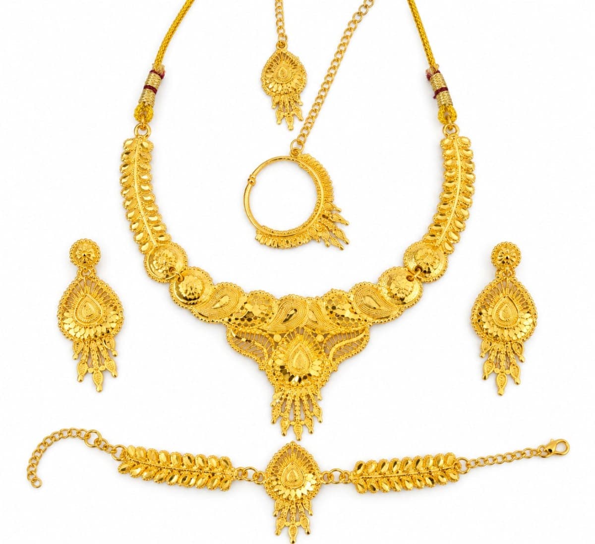 Gold Plated Necklace Set with Earrings Maang Tikka Nath and Bracelet