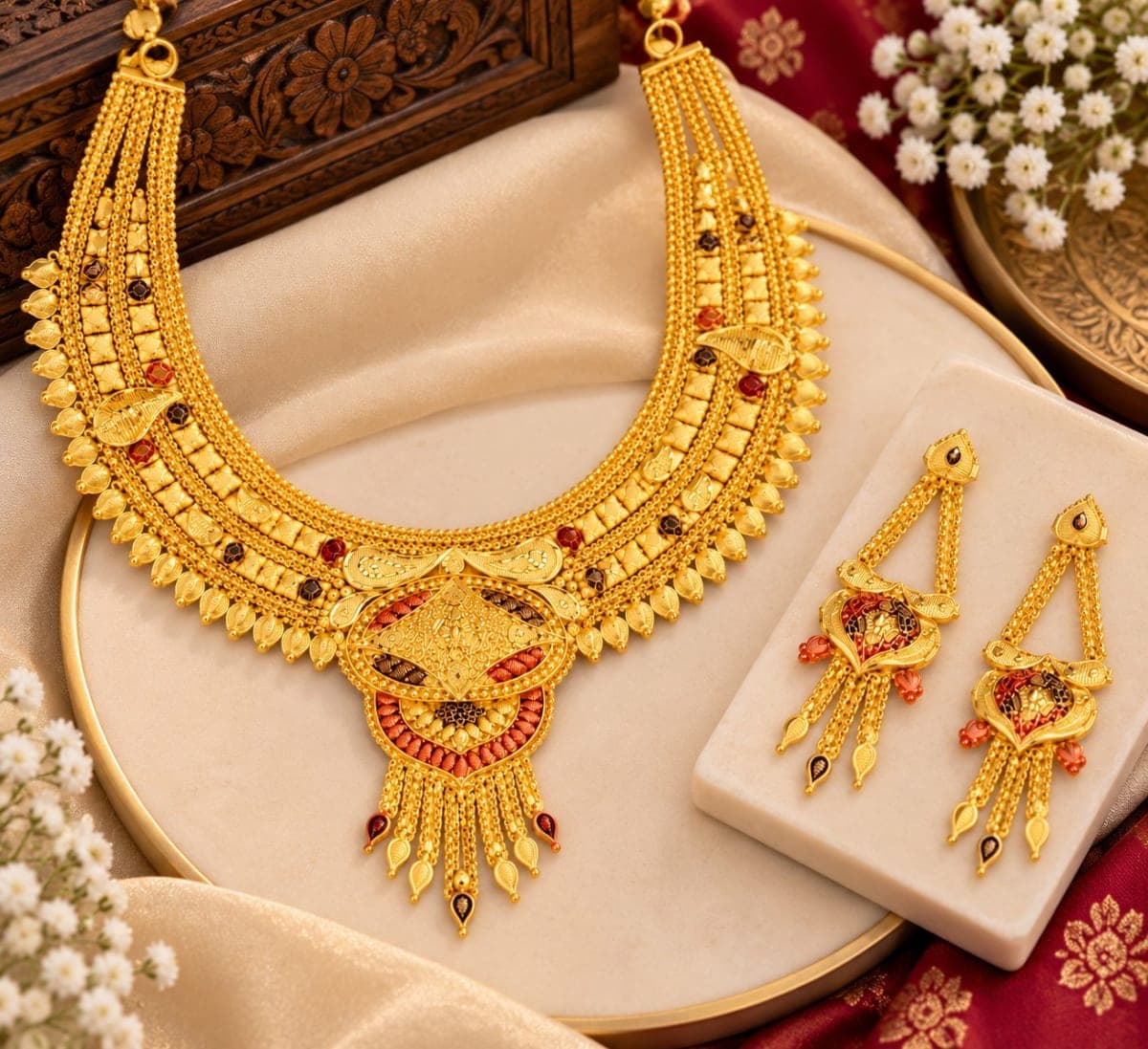 Gold-Toned Red Enamel Traditional Necklace and Earrings Set for Women
